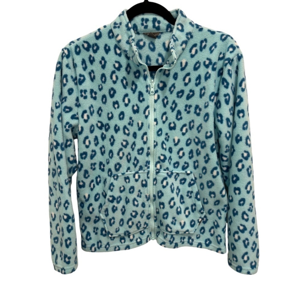EDDIE BAUER Girls Large 14/16 Fleece Jacket Full Zip Blue Leopard EUC